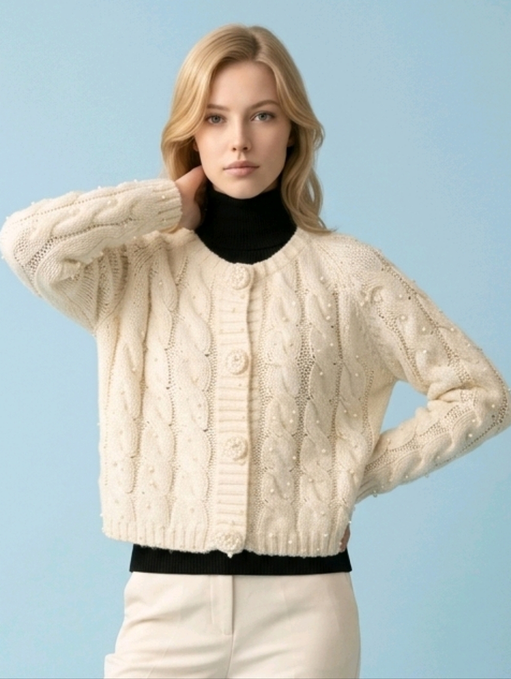 Vintage One Of A Kind Pearl-Embellished Cream Cable Knit Cardigan Sweater Medium